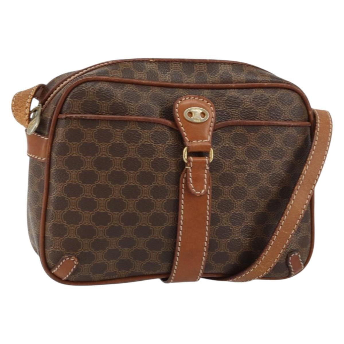 Celine Macadam Canvas Shoulder Bag Pvc Leather Brown Gold Auth 161002
